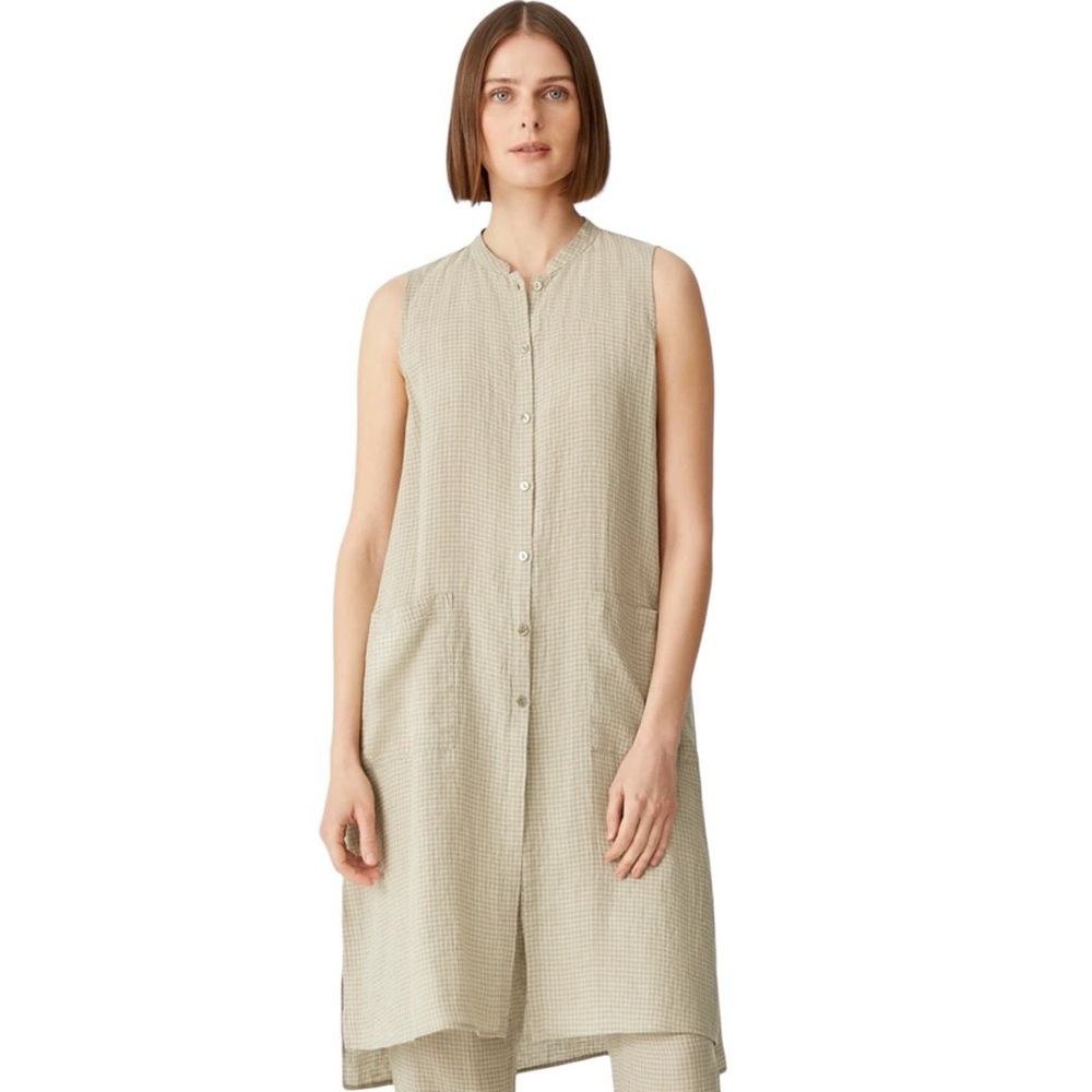 Eileen Fisher - Sleeveless Beige Button-Down Dress